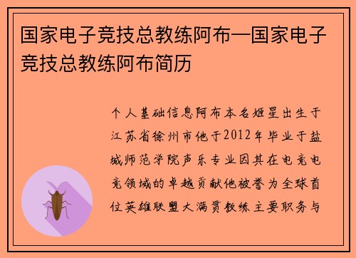 国家电子竞技总教练阿布—国家电子竞技总教练阿布简历